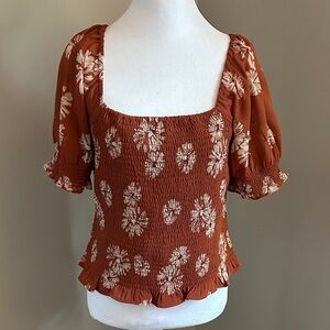 Madewell Georgette Lucie Puff-Sleeve Smocked Bodice Top in Moody Blooms, Sz S